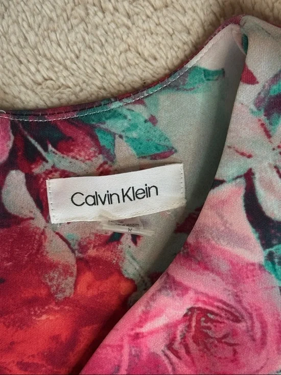 Calvin Klein Mint Green Floral Midi Dress with Pink Roses sz 8 - Picture 2 of 12